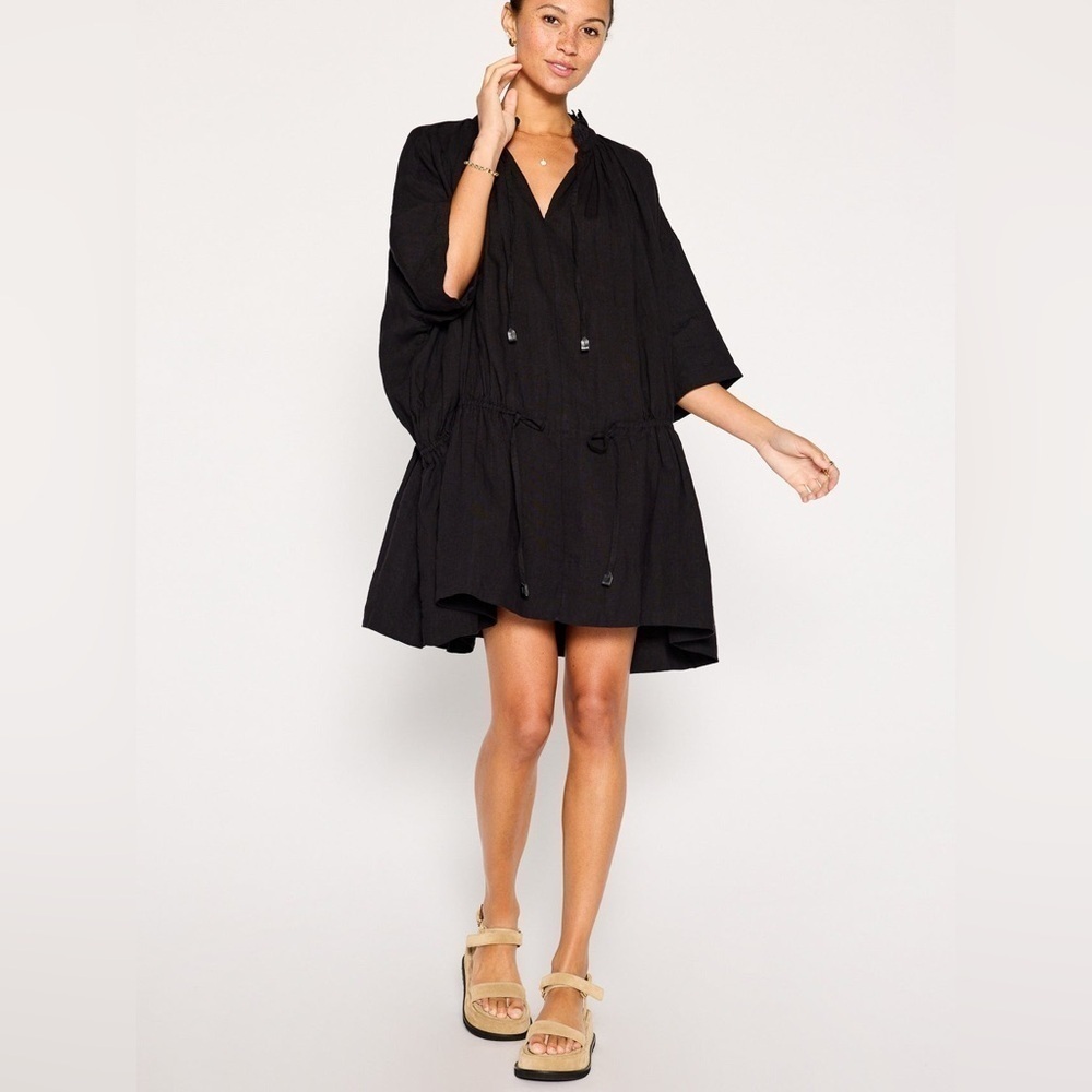 NWT Brochu Walker Black Relaxed Tie Neck Mini Dress Size Large Luxe Resort